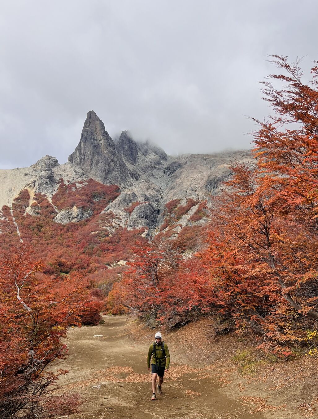 Foto al sendero, estoy caminando hacia la cámara, rodeado de lengas de un color rojo intenso, al fondo un pico pedregoso toma protagonismo, las nubes empiezan a taparlo.